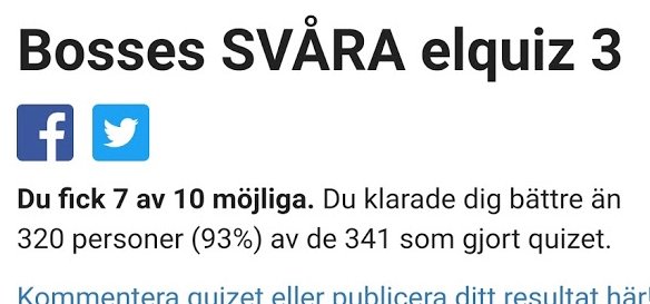 Resultatskärm från Bosses SVÅRA elquiz 3 som visar poängen 7 av 10 möjliga.