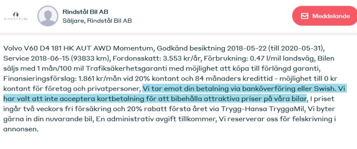 Skärmdump av ett meddelande från bilförsäljare som beskriver betalningsalternativ och erbjudanden vid bilköp.