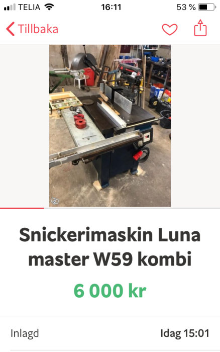 Snickerimaskin Luna Master W59 kombi i en verkstad, till salu för 6 000 kr.