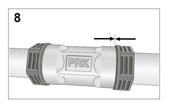 PRK-rörkoppling där den svarta plastmuttern är i kontakt med mässingens kant och röret kan roteras.