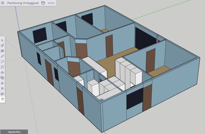 3D-skiss av en husplanlösning med olika rum och möbler i SketchUp.