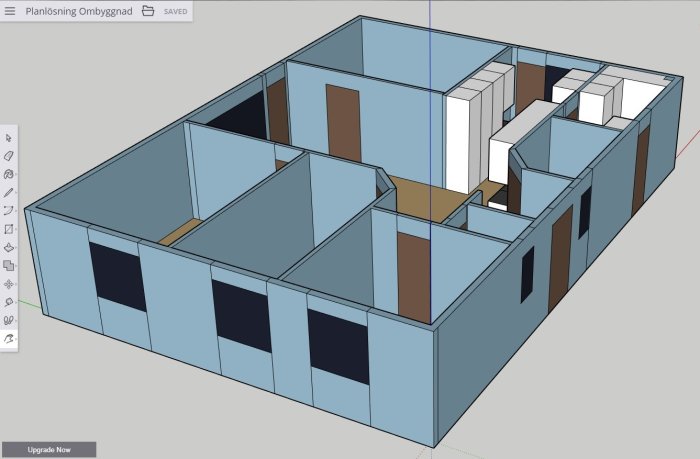 3D-modell i SketchUp av en omarbetad husplanlösning med tillagda och omplacerade rum.