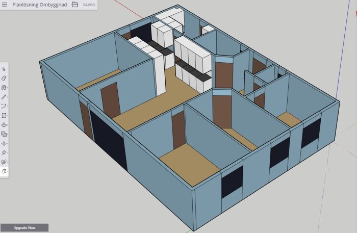 3D-modell av en planlösning för en omdesignad bostad i ett designprogram.