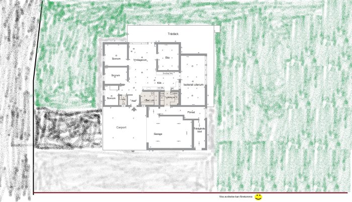 Grov ritning av en husplanlösning med vardagsrum, kök, sovrum, biorum, samt tillhörande trädgård och garage.