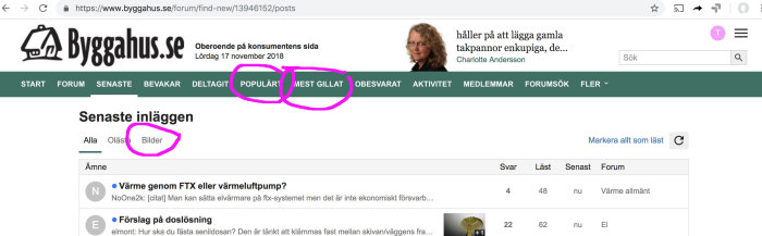 Skärmdump av ByggaHus.se forum med nya 'Bilder' länken och omdöpta 'Populärt' och 'Mest Gillat' flikar.