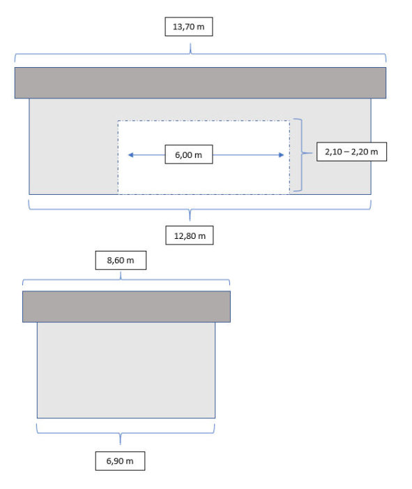 Schematisk ritning av husvägg med måttsatt planerad öppning för vik- eller skjutdörrar.