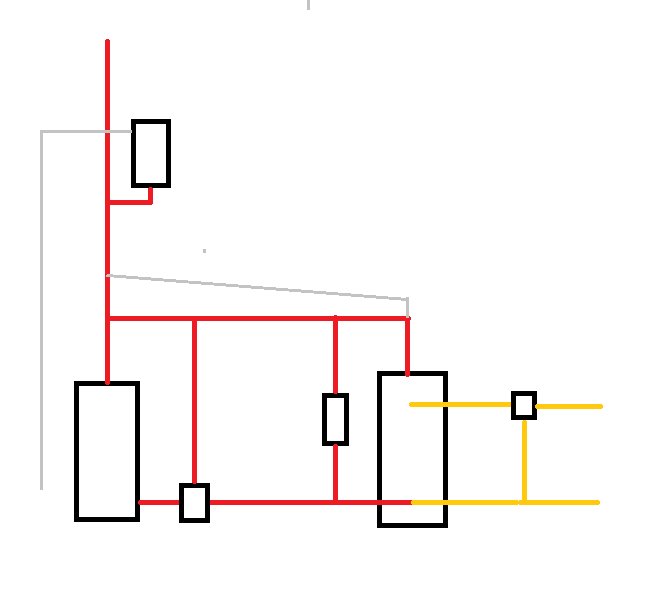 Schematisk illustration av rörsystem för laddning och uttag i en uppvärmningsanläggning med markeringar och anslutningar.