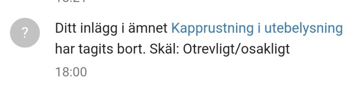 Notifikation om borttaget foruminlägg med skälet "Otrevligt/osakligt".