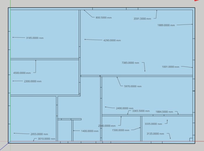 Ritning av en planlösning med angivna mått för varje rum, totalt 102 kvadratmeter bostadsyta.