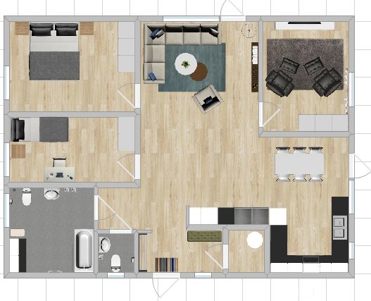 Översiktsritning av en bostadsplanlösning med tre sovrum, badrum, kombinerat badrum/tvättstuga, kök och vardagsrum.