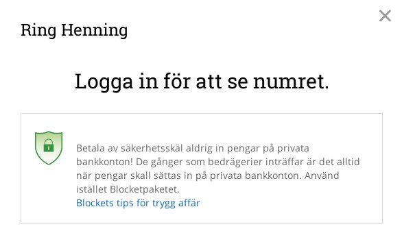 Skärmbild som uppmanar att logga in för att se telefonnummer, med varningstext om säkra affärer.