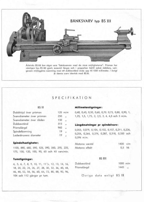Gammaldags svarvmaskin med tekniska specifikationer i textform.