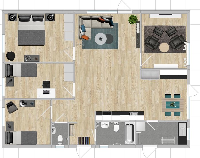 Planritning av en bostad med möblerad layout inklusive kök med vinkyyl intill kyl och frys.