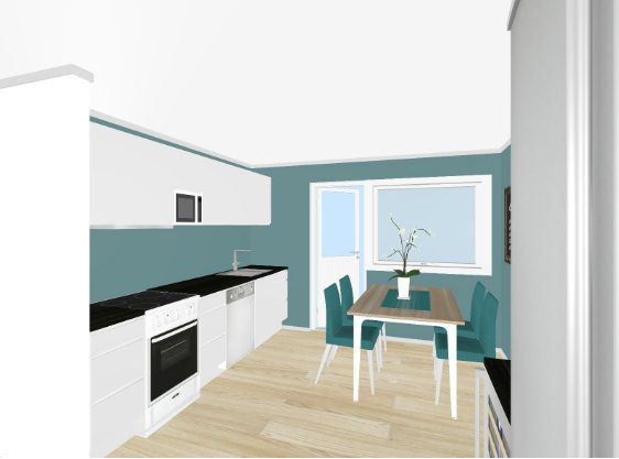 3D-rendering av en köksrenovering med vita skåp, trägolv, en matplats vid fönstret och blågröna väggar.