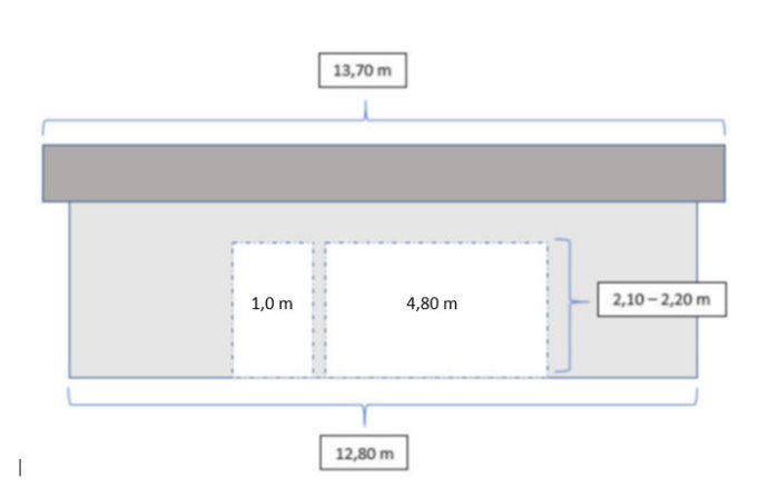 Schematisk bild av byggplan med mått, visar position för dörr i en vägg med föreslagen IPE-balk över.