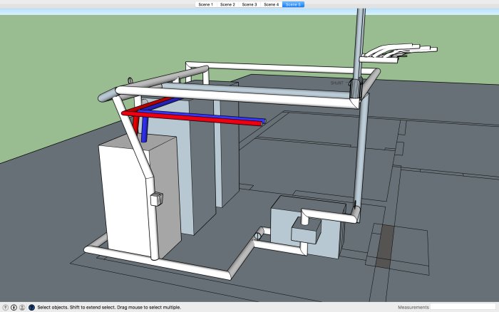 3D-modell i Sketchup av en värmesysteminstallation med vedpanna, acktankar, rördragningar och shunt.