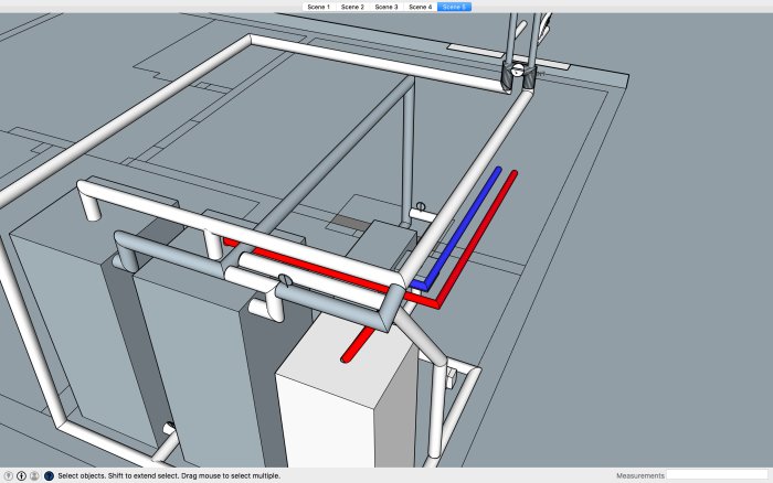 3D-skiss i Sketchup som visar rördragning för uppvärmningssystem med blå och röda rör.