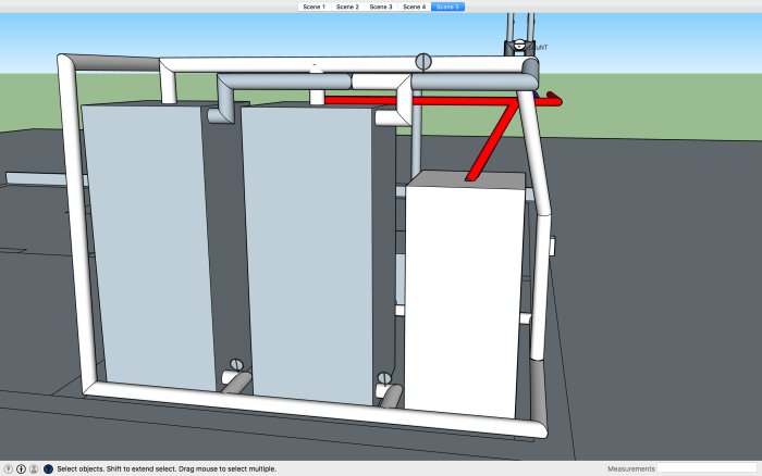 Skiss i Sketchup som visar dragningen av rör och ackumulatortankar i ett värmesystem för hemrenovering.