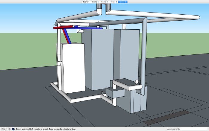 3D-modell i Sketchup av ett värmesystem med vedpanna, acktankar, rördragning och shunt.