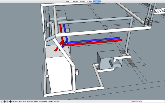 3D-Sketchupmodell av värmeinstallation med vedpanna, acktankar, rördragningar och shunt.