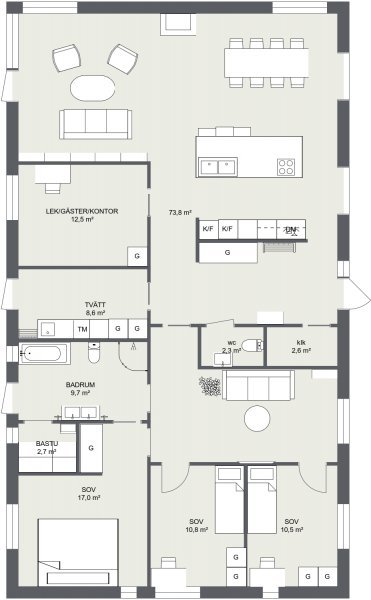 Planritning av en lägenhet med tydlig markering av kök, hall och andra rum, söker åsikter om kökslösningen.