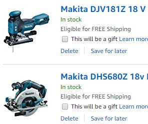 Makita sticksåg och cirkelsåg listade på Amazon, båda batteridrivna och blåa.