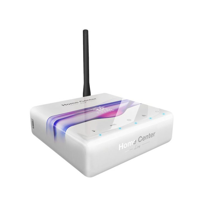En Fibaro Home Center Lite styrenhet för smarta hem på vit bakgrund.