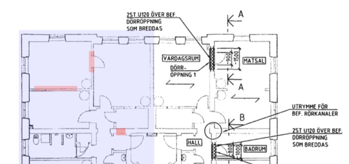 Pohjapiirros asunnosta, jossa näkyy keittiön ja olohuoneen välinen seinä. Siihen on merkitty oviaukko ja kaatuneet väliseinät.