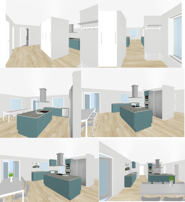 3D-visualisering av kök med olika vinklar visande skåp och hyllor i kontrasterande färger.