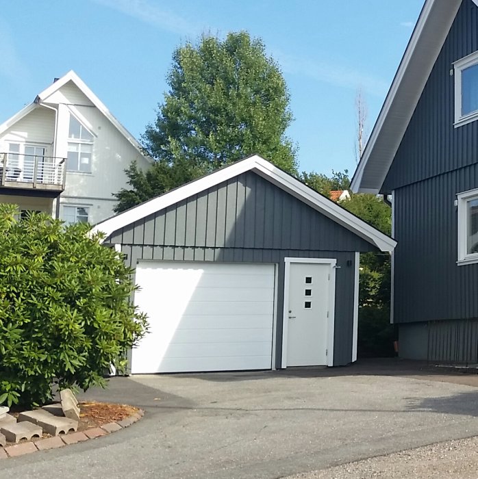 Garage med port och dörr i olika nyanser av vit mot en grå husfasad.