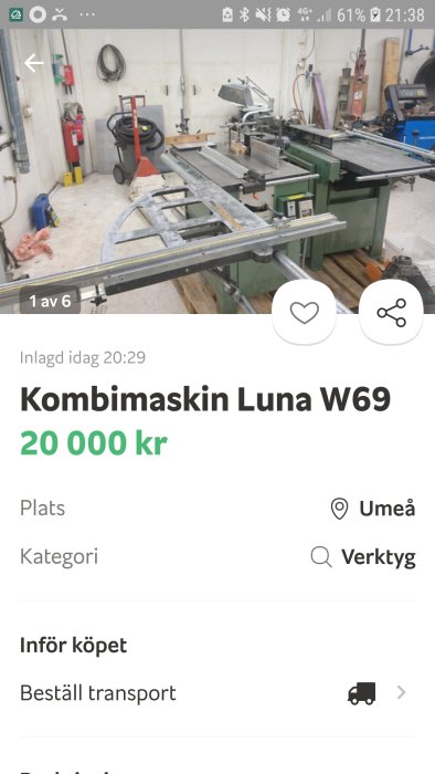 Snickerimaskin Luna W69 i verkstadsmiljö med tillbehör som bordsförlängning och justerbord.