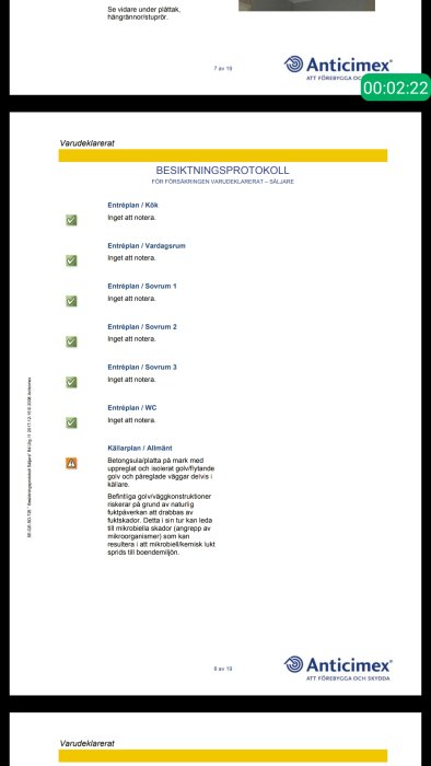 Sida ur ett besiktningsprotokoll för en fastighet, med fokus på källarplanets risker avseende fuktupptag och möjliga åtgärder.