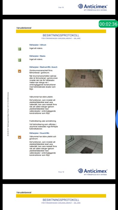 Sidor ur ett besiktningsprotokoll med anteckningar och bilder av ett badrum och duschutrymme som behöver renovering.