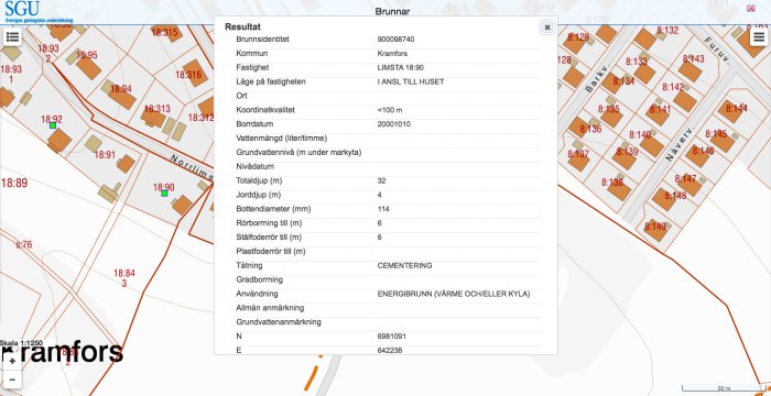 Karta över brunnsposition med detaljerad data om brunnens egenskaper från SGU's webbplats.