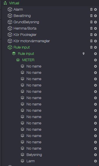 Skärmdump av gränssnitt för hemautomation med virtuella mätare, inklusive "Rule input" och andra komponenter.