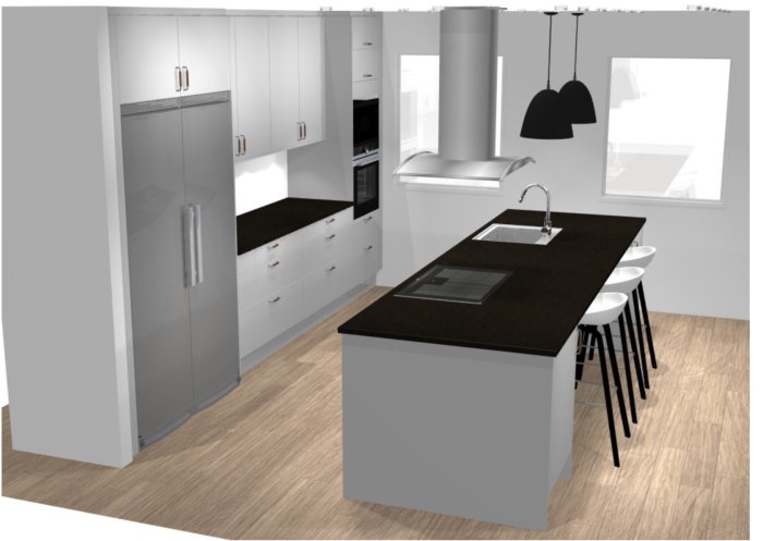 3D-rendering av ett kök med öppen planlösning, köksö med häll närmast kameran, och två fönster i bakgrunden.