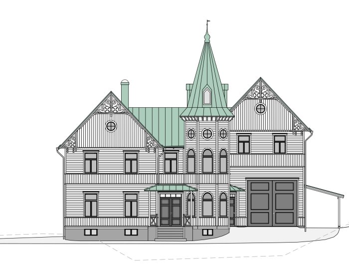 Arkitektonisk ritning av en stor villa med torn och snickarglädje, vänt mot en väg.
