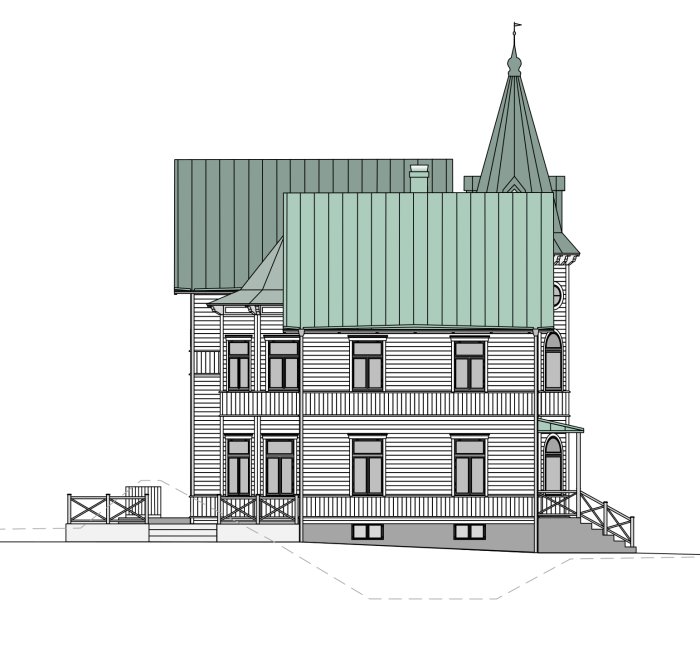 Arkitektritning av ett tvåvåningshus med torn och snickarglädje i planeringsstadiet.