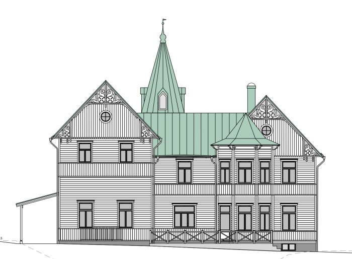 Arkitektritning av ett traditionellt hus med snickarglädje och detaljerade fasader.