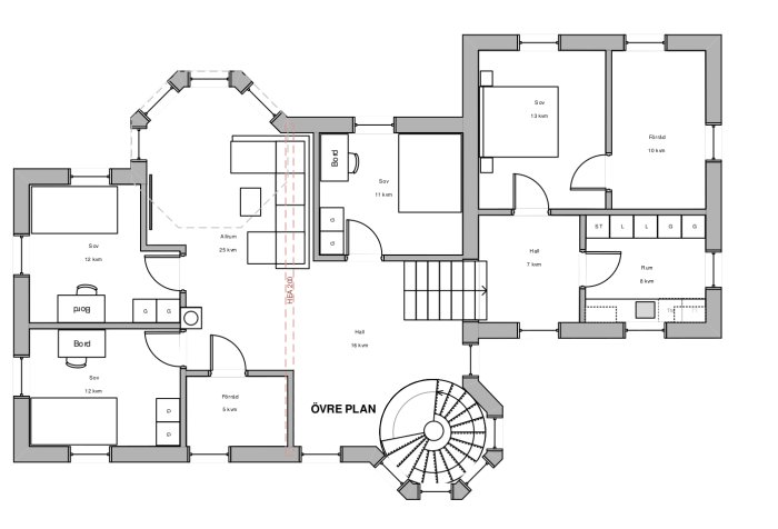 Arkitektritning över planlösning för övervåning i ett hus med flera sovrum och spiraltrappa.