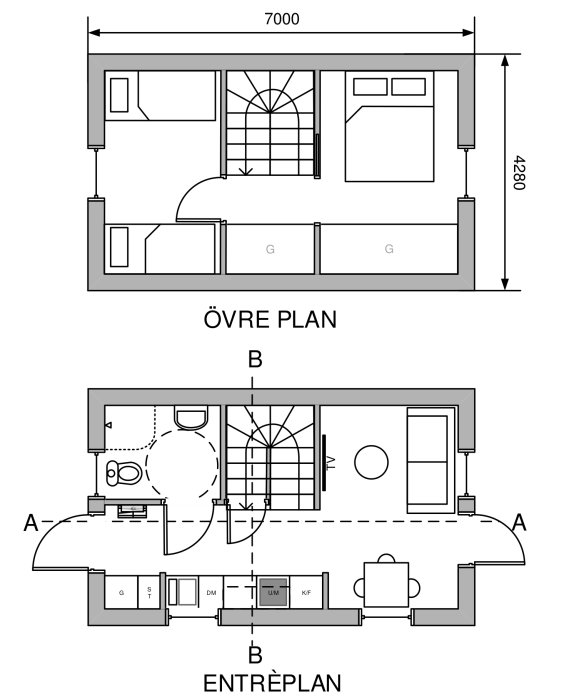 Arkitektritningar med planlösningar för överplan och entréplan i en byggnad, inkluderar mått och markeringar.
