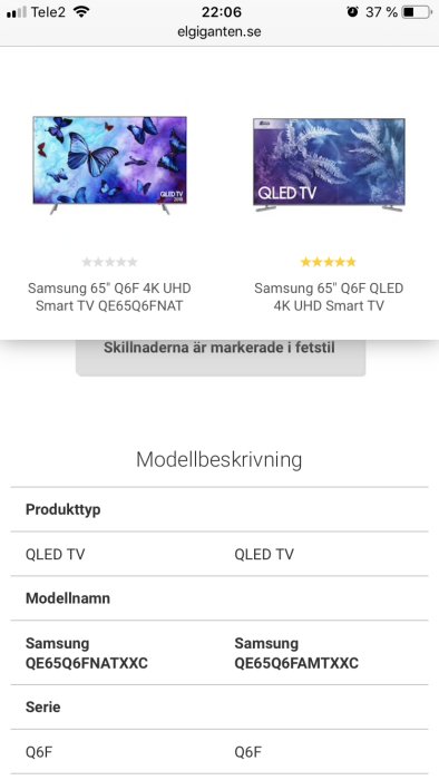 Jämförelse av två Samsung QLED TV-modeller med olika modellnummer och prissättning på Elgigantens hemsida.