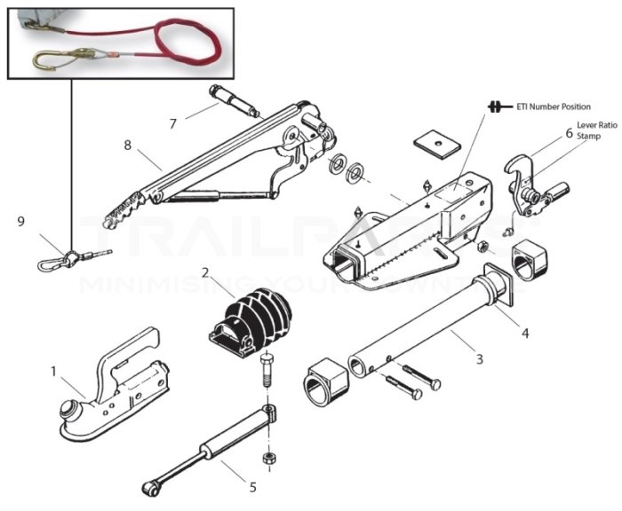 Exploded-view ritning av en stötdämpare och dess komponenter för demontering av pinbult.