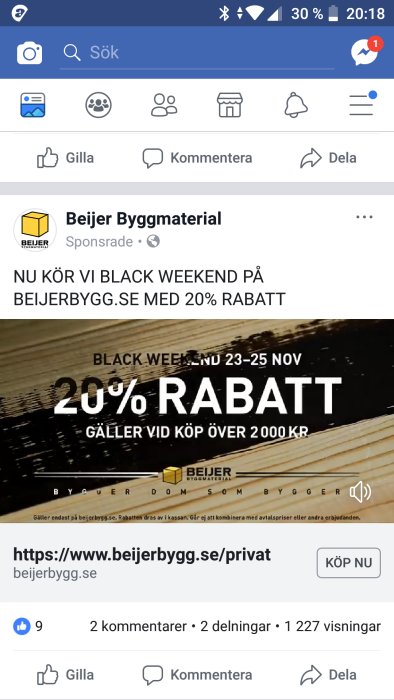 Reklam för Black Weekend hos Beijer Byggmaterial med 20% rabatt vid köp över 2000 kr.