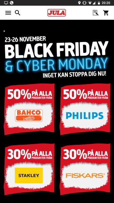 Reklambild för Black Friday- och Cyber Monday-försäljning med 50% rabatt på Bahco-produkter.