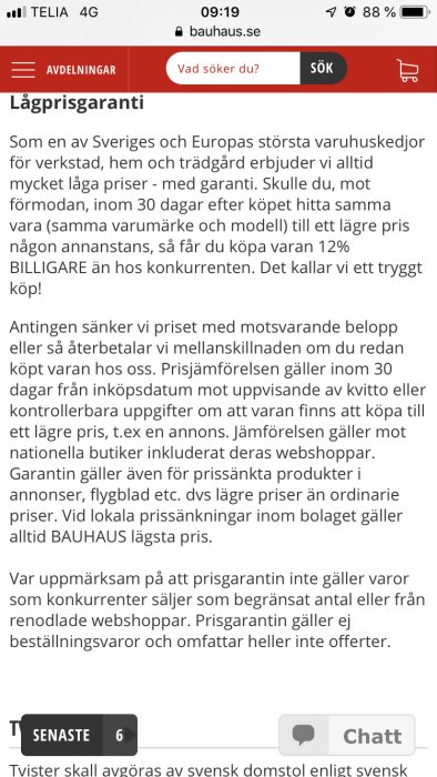 Skärmdump av en webbsida om lågprisgaranti med text om prisjämförelse och villkor.