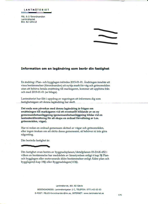 Brev från Lantmäteriet om lagändring som påverkar ersättning vid expropriation av mark.