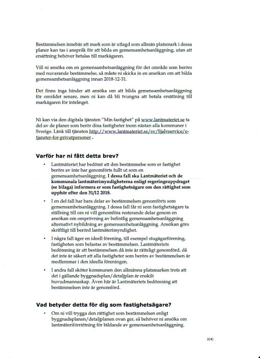 Bild på ett informationsbrev om bestämmelser gällande gemensamhetsanläggningar och markägares rättigheter.