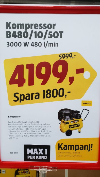 Reklamskylt för Stanley kompressor med rabatterat pris och tekniska specifikationer.