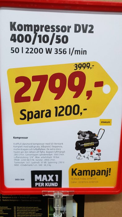 Erbjudande på Stanley kompressor DV2 4007/10/50, 50L, 2200W, 2799 kr nedsatt från 3999 kr med kampanjmärkning.